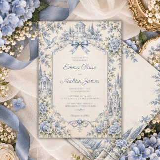 Vintage Blue Toile Garden Hydrangea Wedding Invitation