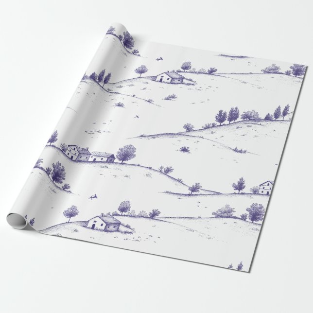Vintage Blue Toile Landscape (1) Wrapping Paper (Unrolled)