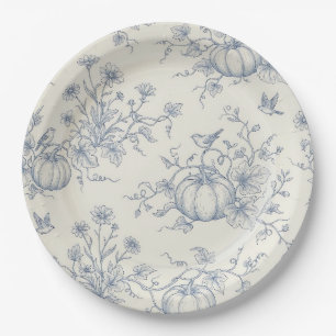 Vintage Blue Toile Pumpkin French Country Autumn Paper Plates