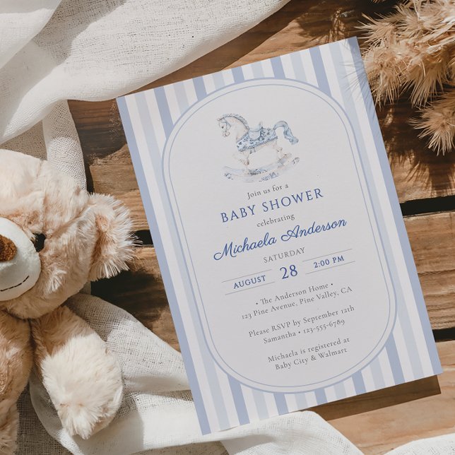 Vintage Blue Toile Rocking Horse Boy Baby Shower Invitation (Creator Uploaded)