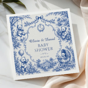 Vintage Blue Toile Teddy Bear Baby Shower Napkins