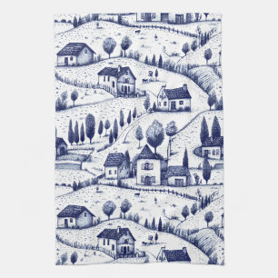 Vintage Blue Toile - Trees Pastoral Architecture Kitchen Towel
