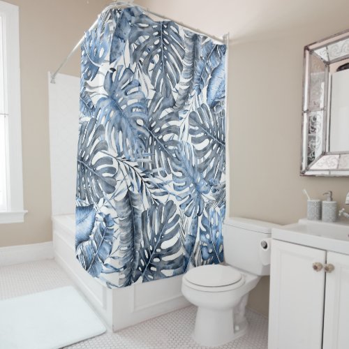 Vintage Blue Tropical Palm Leaves Summer Island Shower Curtain