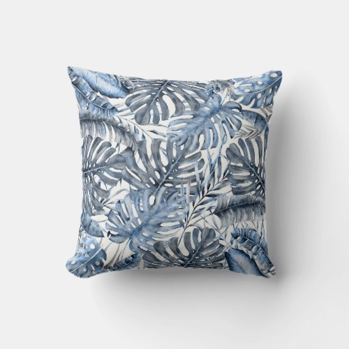 Vintage Blue Tropical Palm Leaves Summer Island  Throw Pillow