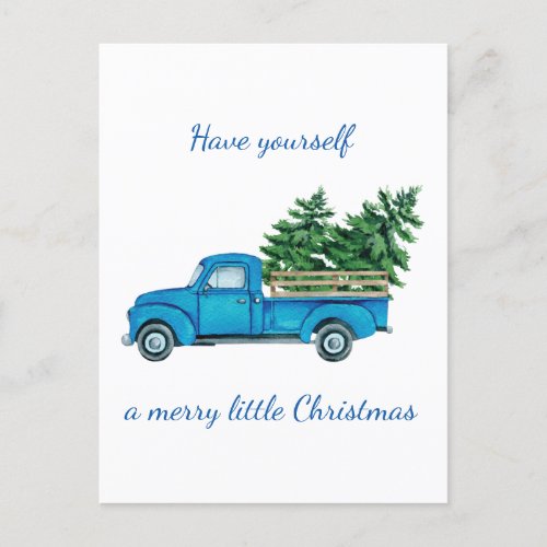 Vintage Blue Truck and Checks Christmas Trees Announcement Postcard