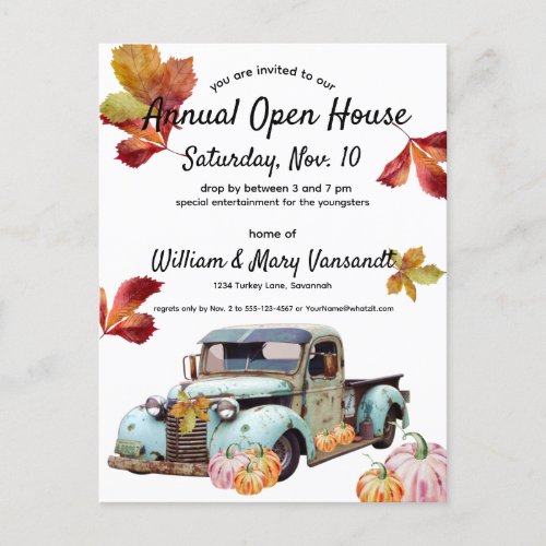 Vintage Blue Truck Autumn Leaves Family Open House Holiday Postcard