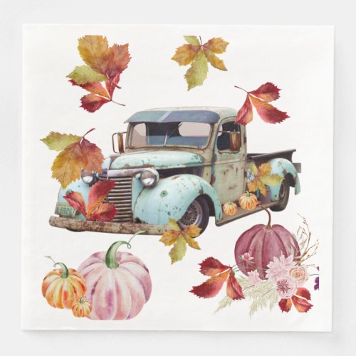 Vintage Blue Truck Autumn Leaves Pumpkins Paper Dinner Napkins
