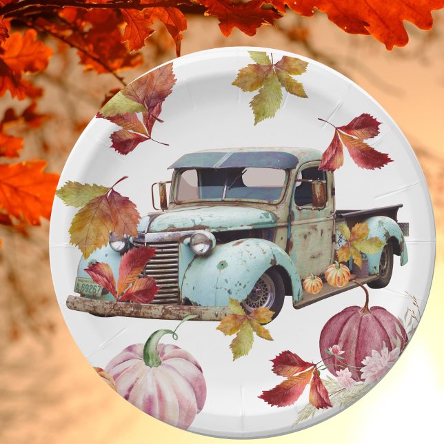 Vintage Blue Truck Autumn Leaves Pumpkins Paper Plates (Creator Uploaded)