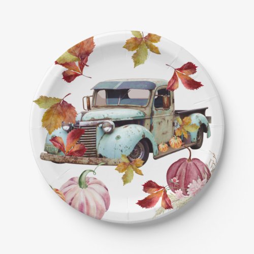 Vintage Blue Truck Autumn Leaves Pumpkins Paper Plates