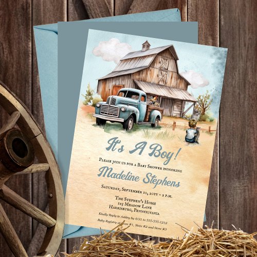 Vintage Blue Truck  Barn Boy Farming Baby Shower Invitation