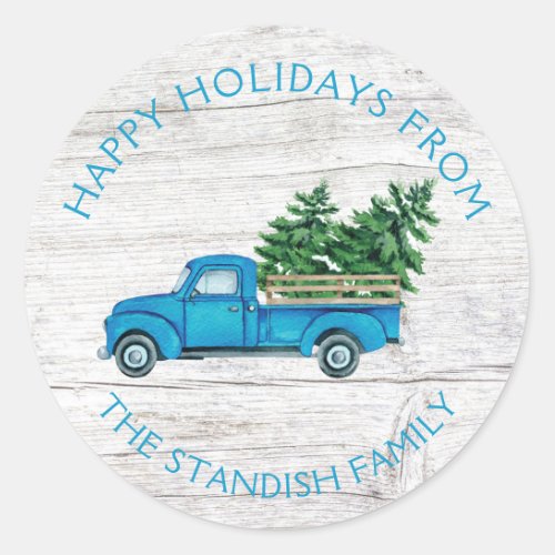 Vintage Blue Truck Christmas Trees Rustic Wood Classic Round Sticker