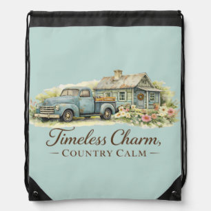 Vintage Blue Truck Cottage Wildflower Calm Drawstring Bag