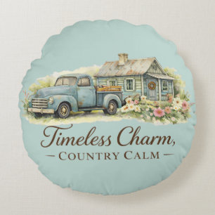 Vintage Blue Truck Cottage Wildflower Calm Round Pillow