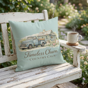 Vintage Blue Truck Cottage Wildflower Calm Throw Pillow
