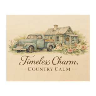 Vintage Blue Truck Cottage Wildflower Calm  Wood Wall Art