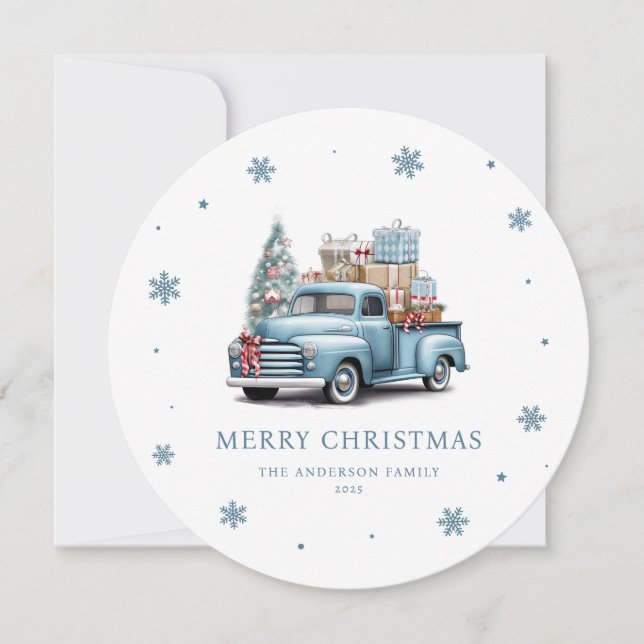 Vintage Blue Truck Merry Christmas Card (Front)