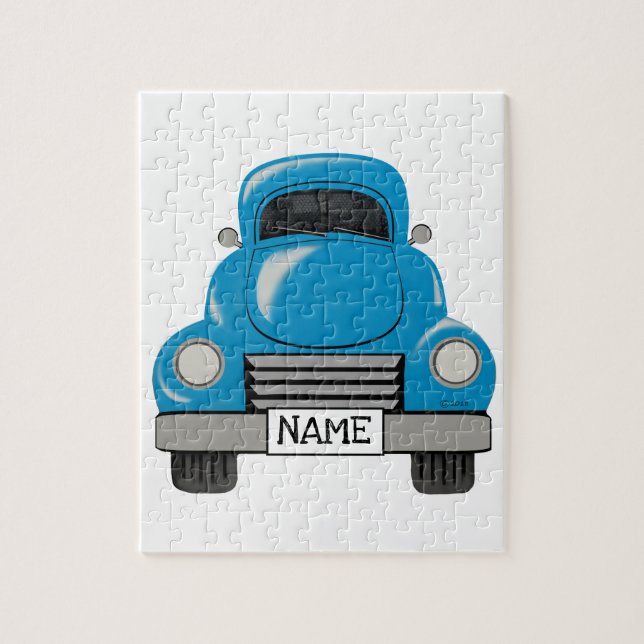 Vintage Blue Truck Puzzle Personalise Name Plate (Vertical)