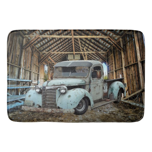 Vintage Blue Truck Rustic Barn Bath Mat (Front)