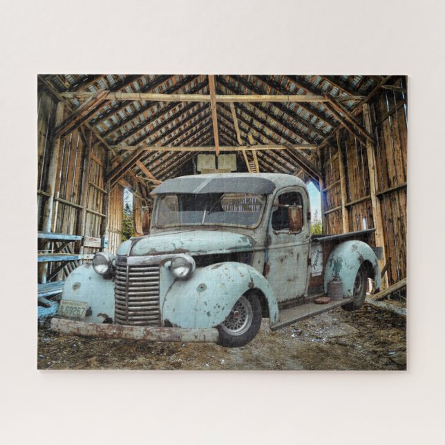 Vintage Blue Truck Rustic Barn Jigsaw Puzzle (Horizontal)