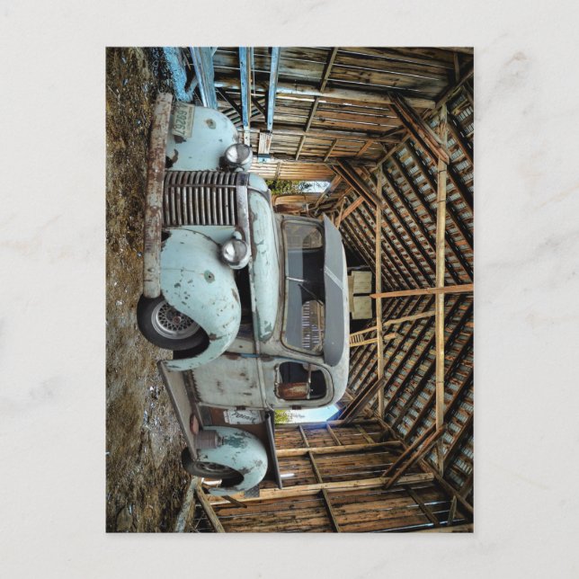 Vintage Blue Truck Rustic Barn Postcard (Front)