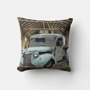 Vintage Blue Truck Rustic Barn Throw Pillow