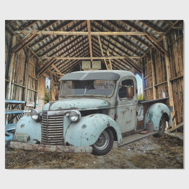 Vintage Blue Truck Rustic Barn Wrapping Paper (Flat)