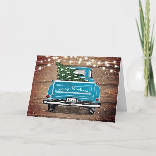 Vintage Blue Truck Rustic String Lights Christmas Holiday Card