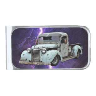Vintage Blue Truck Silver Finish Money Clip