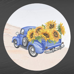 Vintage Blue Truck Sunflowers  Classic Round Sticker