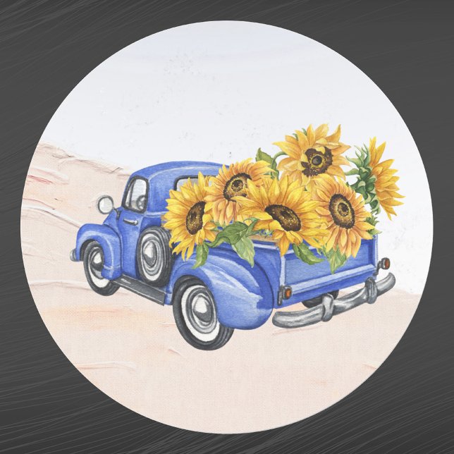 Vintage Blue Truck Sunflowers  Classic Round Sticker (Creator Uploaded)