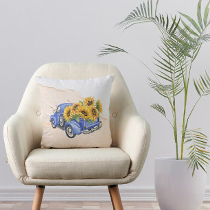 Vintage Blue Truck Sunflowers  Throw Pillow