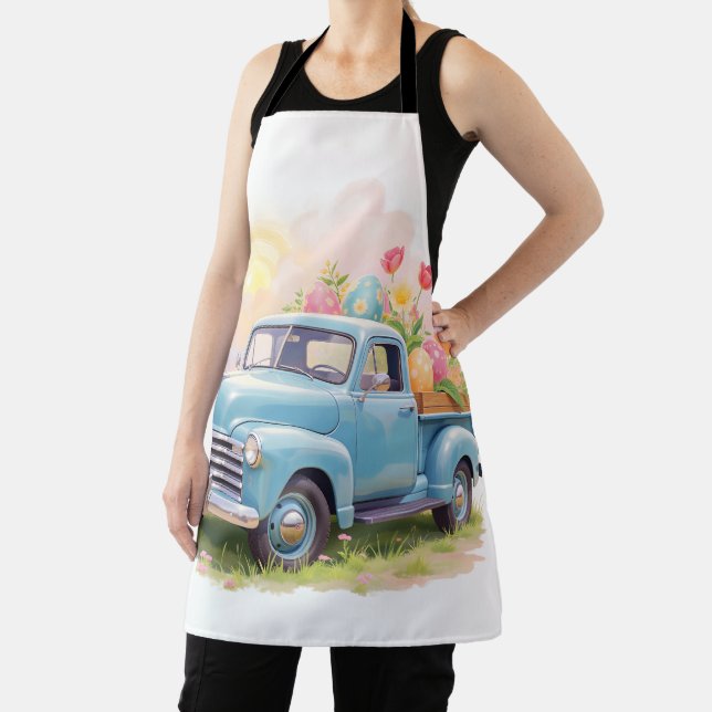 Vintage Blue Truck with Easter Eggs & Tulips Apron (Insitu)