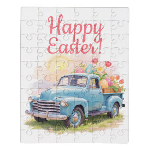 Vintage Blue Truck with Easter Eggs & Tulips Jigsaw Puzzle