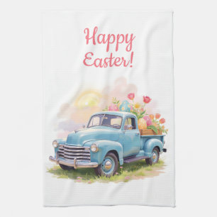 Vintage Blue Truck with Easter Eggs & Tulips Kitchen Towel
