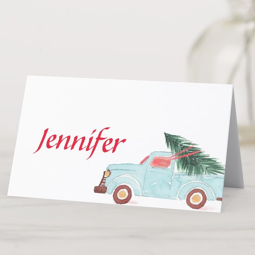 Vintage Blue Truck with Tree Christmas Place Cards