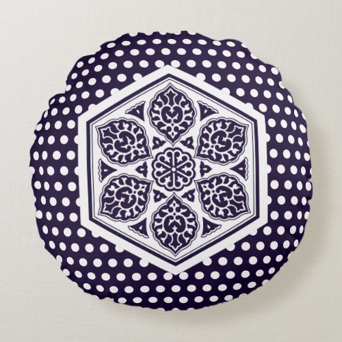 Vintage Blue Turkish Rosette Geometric Oriental Round Pillow