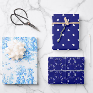 Vintage Blue Turquoise Floral Toile Jouy Wrapping Paper Sheets