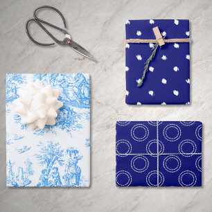 Vintage Blue Turquoise Floral Toile Jouy Wrapping Paper Sheets
