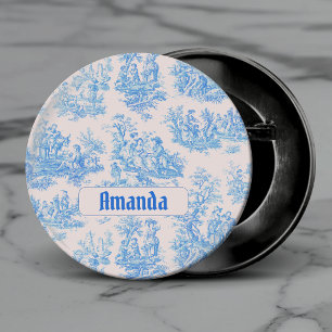 Vintage Blue Turquoise French Toile Monogram Button