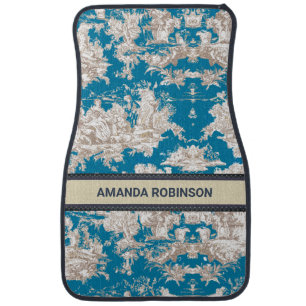 Vintage blue turquoise toile de jouy monogram car floor mat