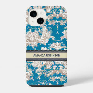 Vintage Blue Turquoise Toile de Jouy Monogram iPhone 14 Case