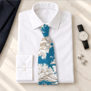 Vintage blue turquoise toile de jouy monogram neck tie