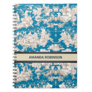 Vintage Blue Turquoise Toile de Jouy Monogram Notebook