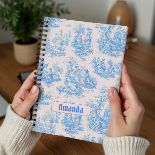 Vintage Blue Turquoise Toile de Jouy Monogram Notebook