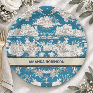 Vintage blue turquoise toile de jouy monogram paper plates