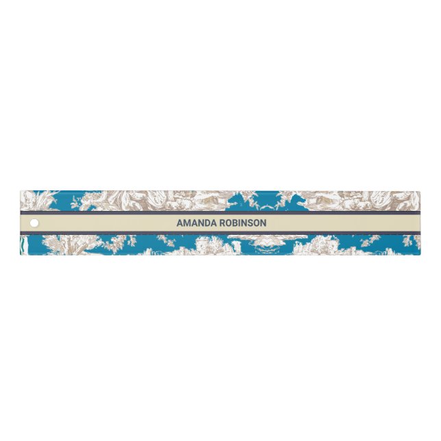 Vintage blue turquoise toile de jouy monogram ruler (Front)