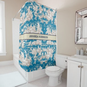 Vintage blue turquoise toile de jouy monogram shower curtain