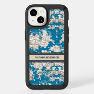 Vintage blue turquoise toile de jouy monogram speck iPhone 14 case