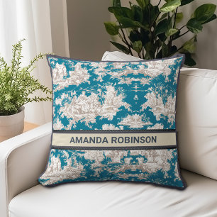 Vintage blue turquoise toile de jouy monogram throw pillow