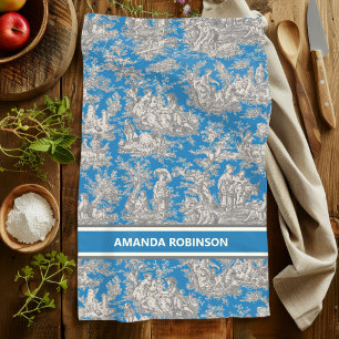 Vintage blue turquoise toile de jouy printed kitchen towel